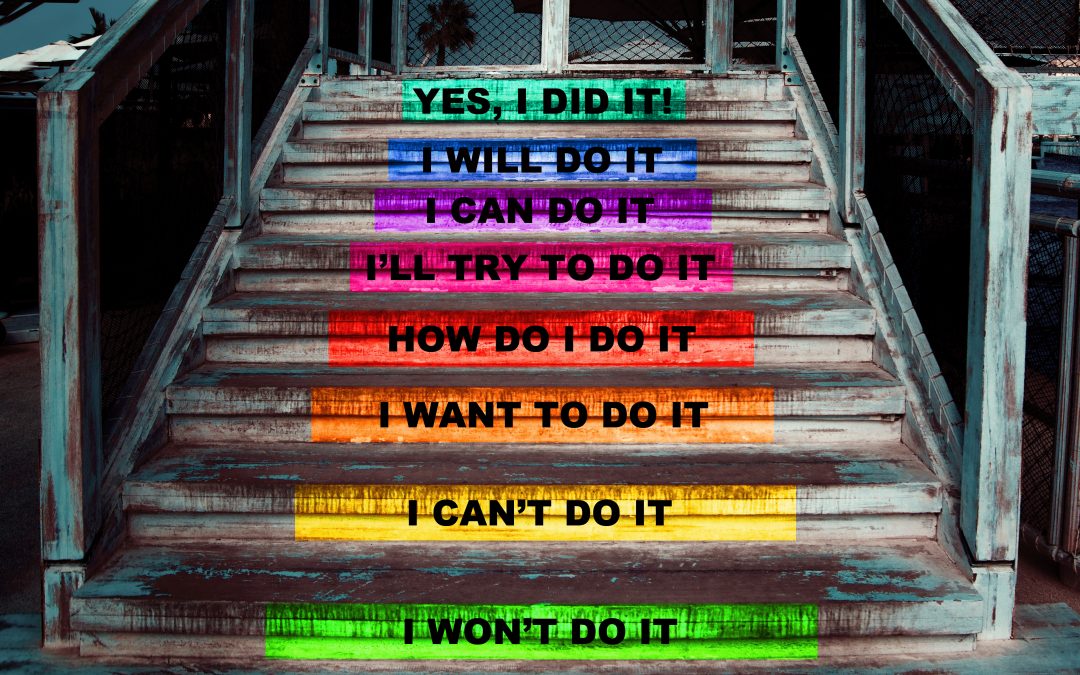 Stairway with motivational words, steps on how to reach a goal